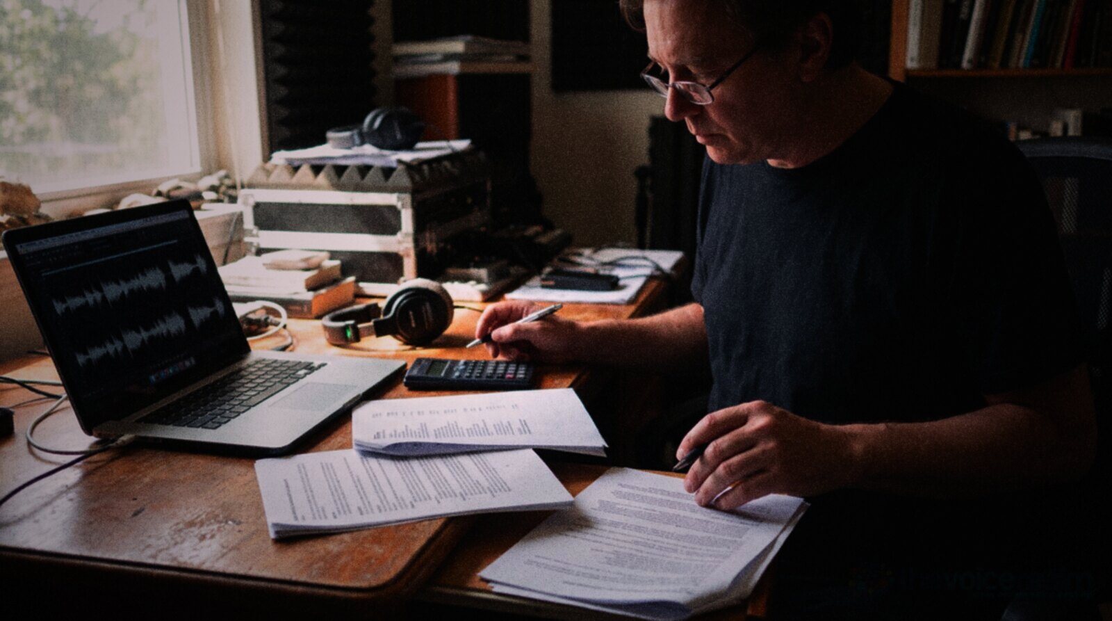 A voice actor comparing two printed contracts at his desk © The Voice Realm
