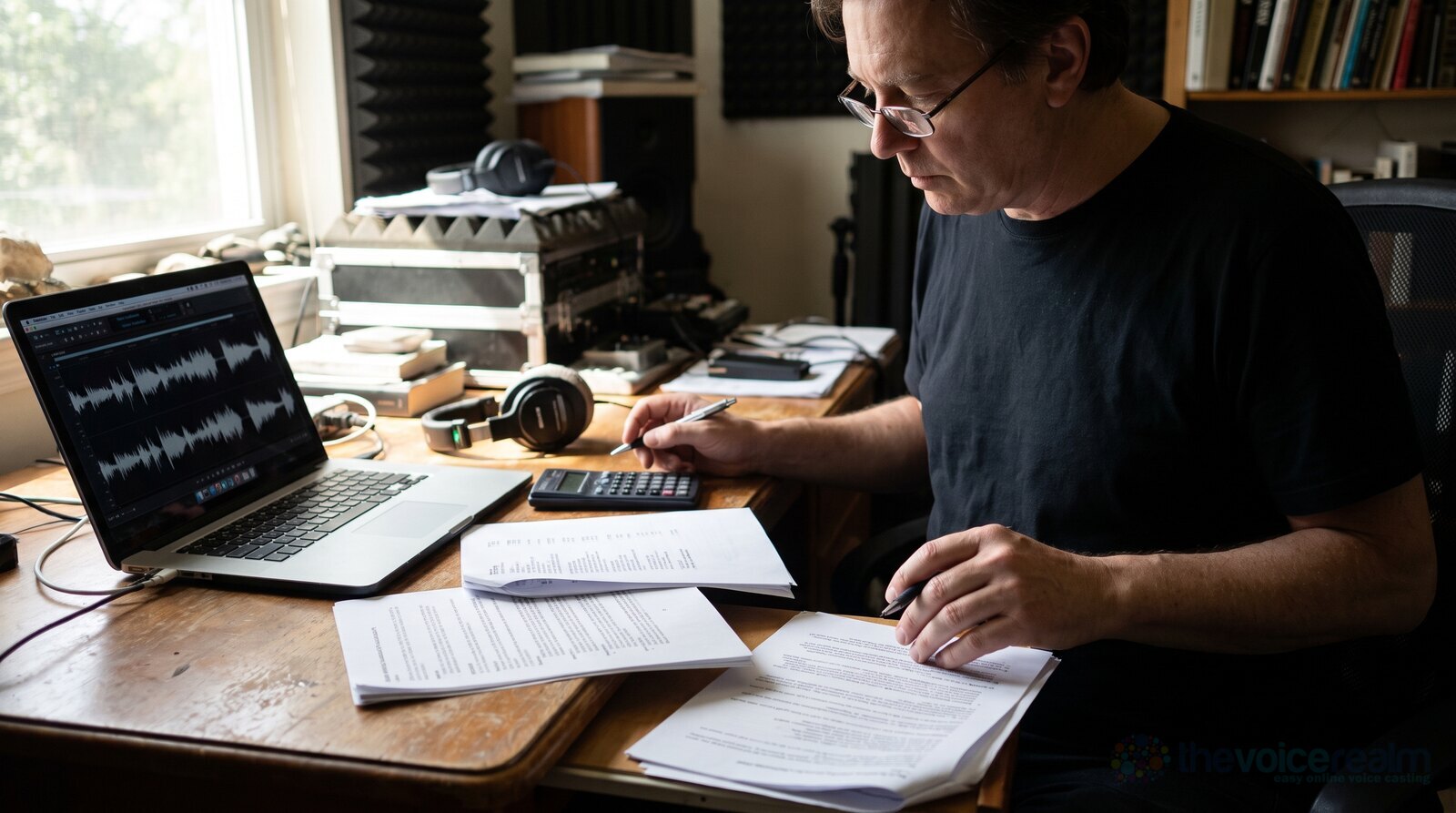 A voice actor comparing two printed contracts at his desk © The Voice Realm