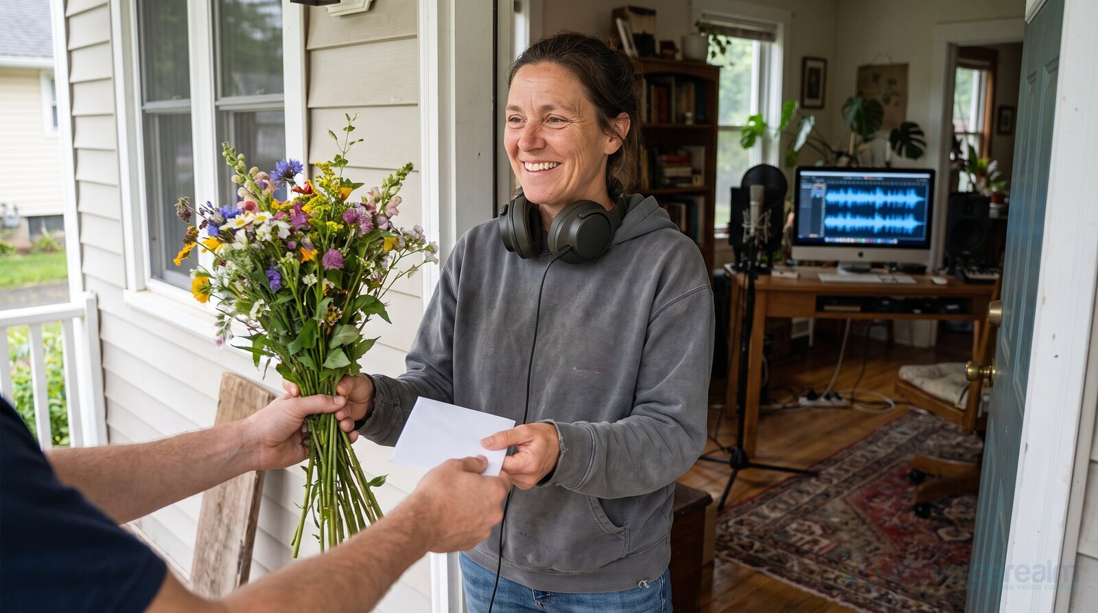 A voice actor receiving flowers and a thank-you card from a regular client at her door © The Voice Realm