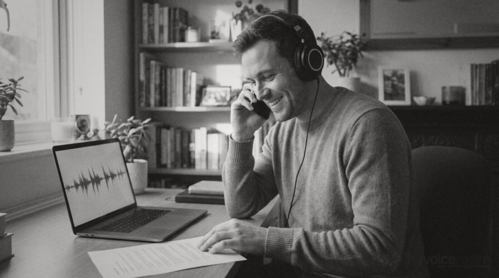A voice actor smiling as he calls a client from his home office © The Voice Realm