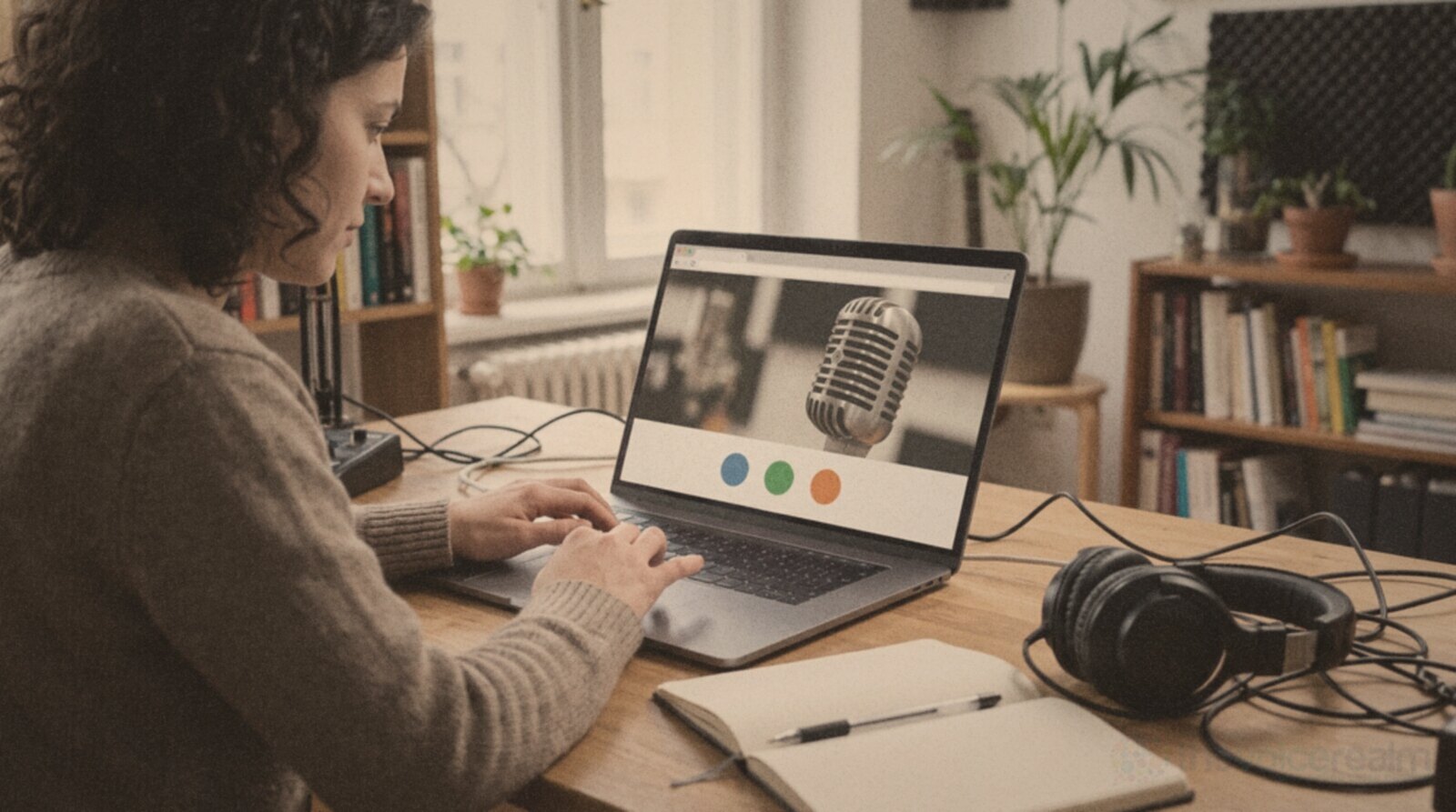 A voice actor building a website on a laptop at a desk with headphones and a notebook © The Voice Realm