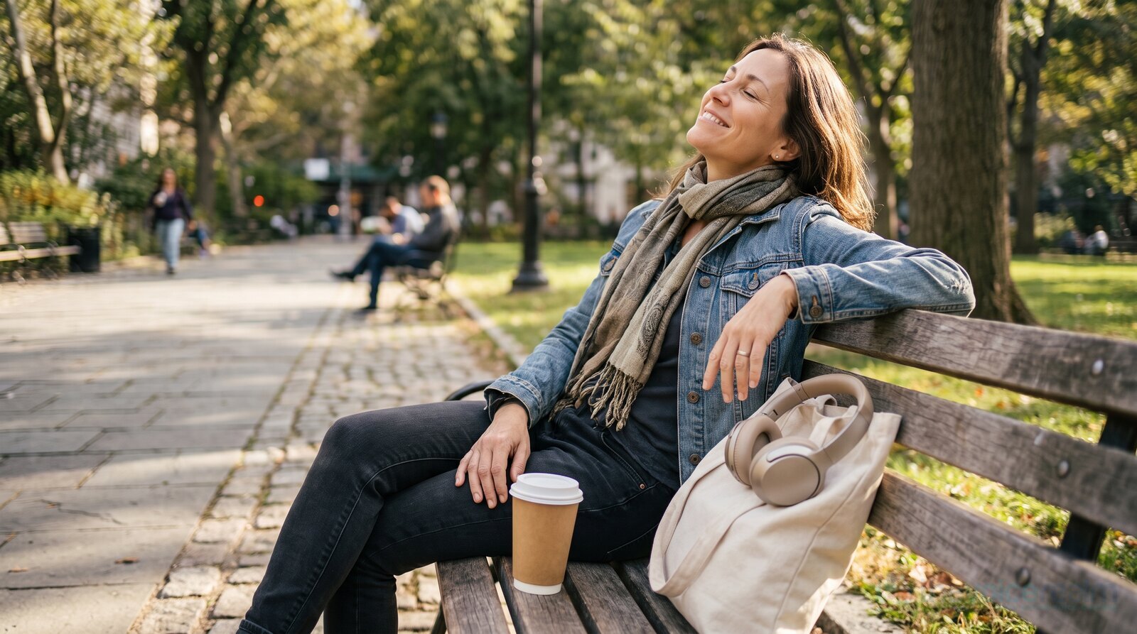A voice actor taking a sunny break on a park bench with a coffee © The Voice Realm