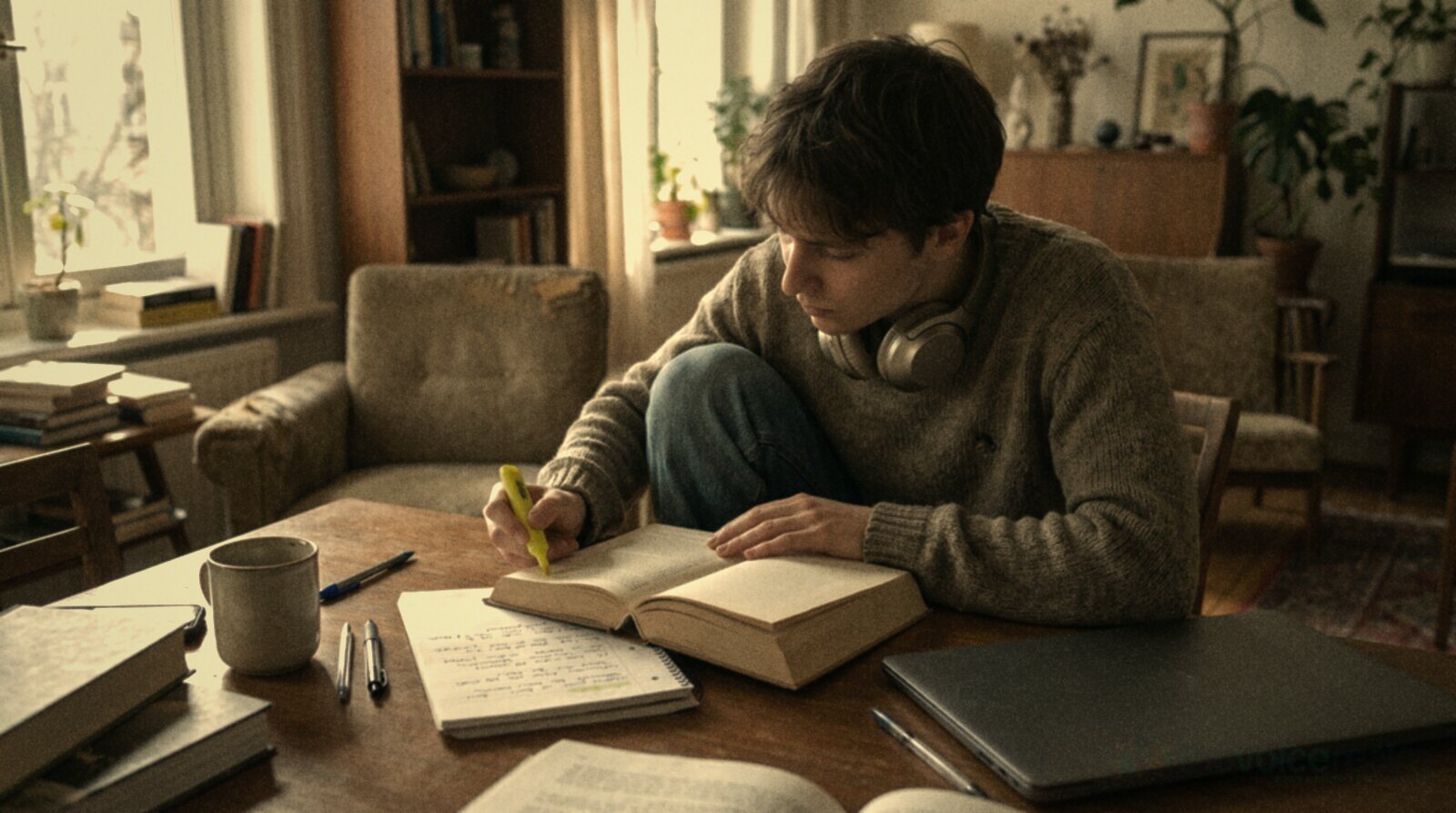 A beginner voice actor studying a book on voice acting and taking notes at home © The Voice Realm