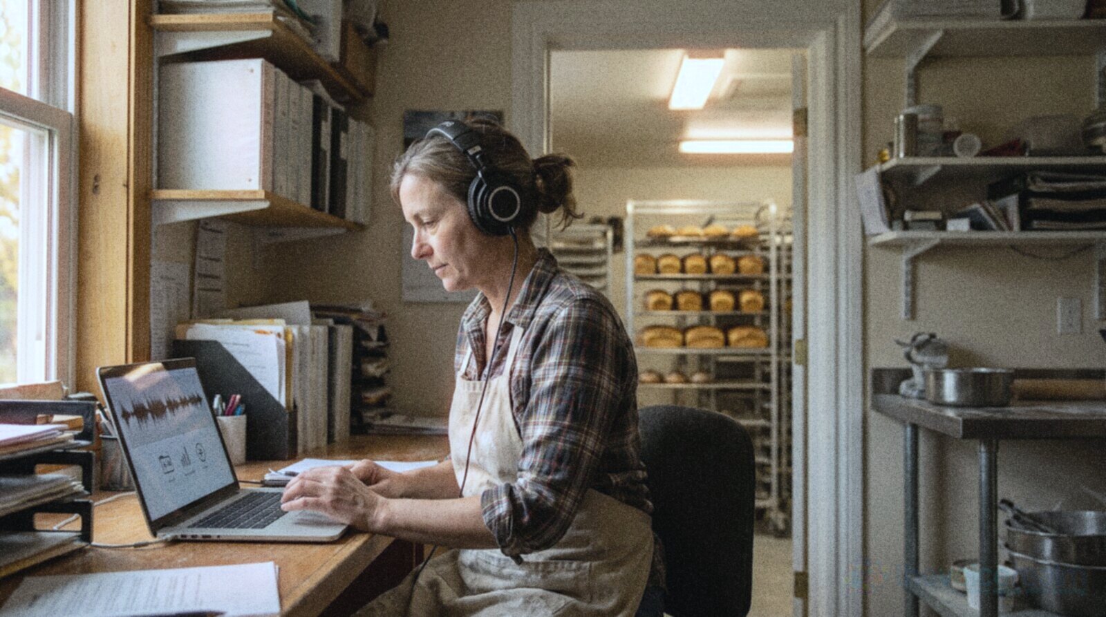 A bakery owner in the back office listening to voice over auditions for her radio advert © The Voice Realm