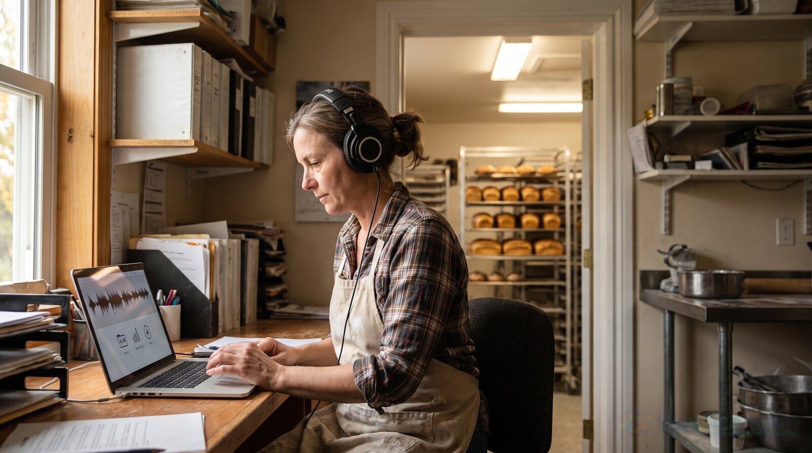 A bakery owner in the back office listening to voice over auditions for her radio advert © The Voice Realm