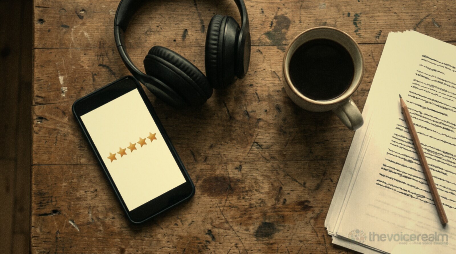 A phone showing five gold stars on a desk beside studio headphones, coffee and a marked-up script © The Voice Realm