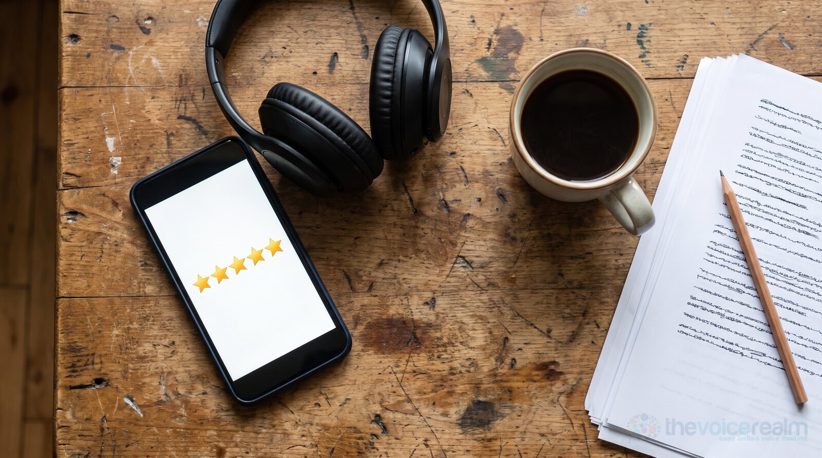 A phone showing five gold stars on a desk beside studio headphones, coffee and a marked-up script © The Voice Realm
