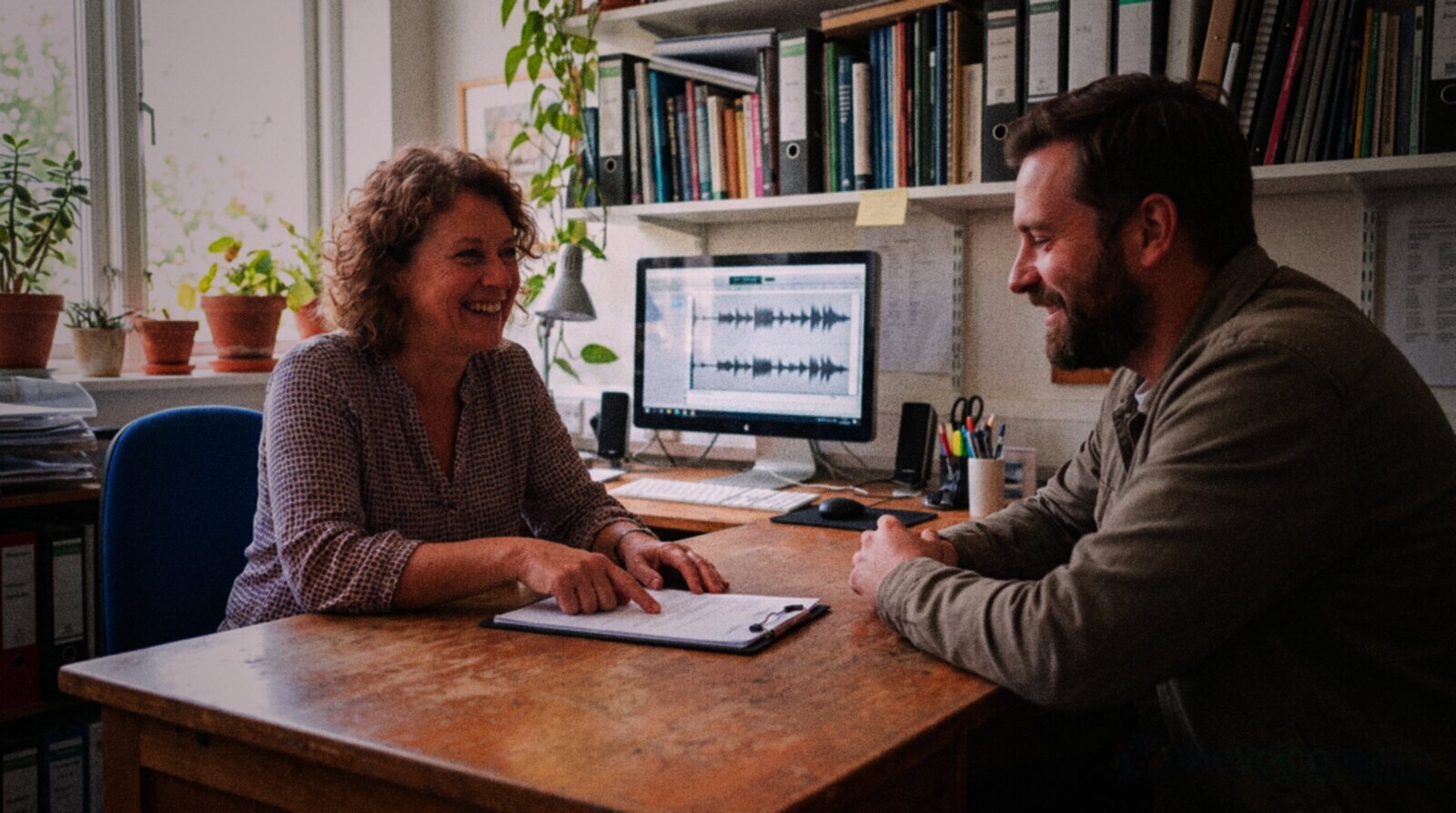 A voice actor and a talent agent going over an agreement in a sunny agency office © The Voice Realm