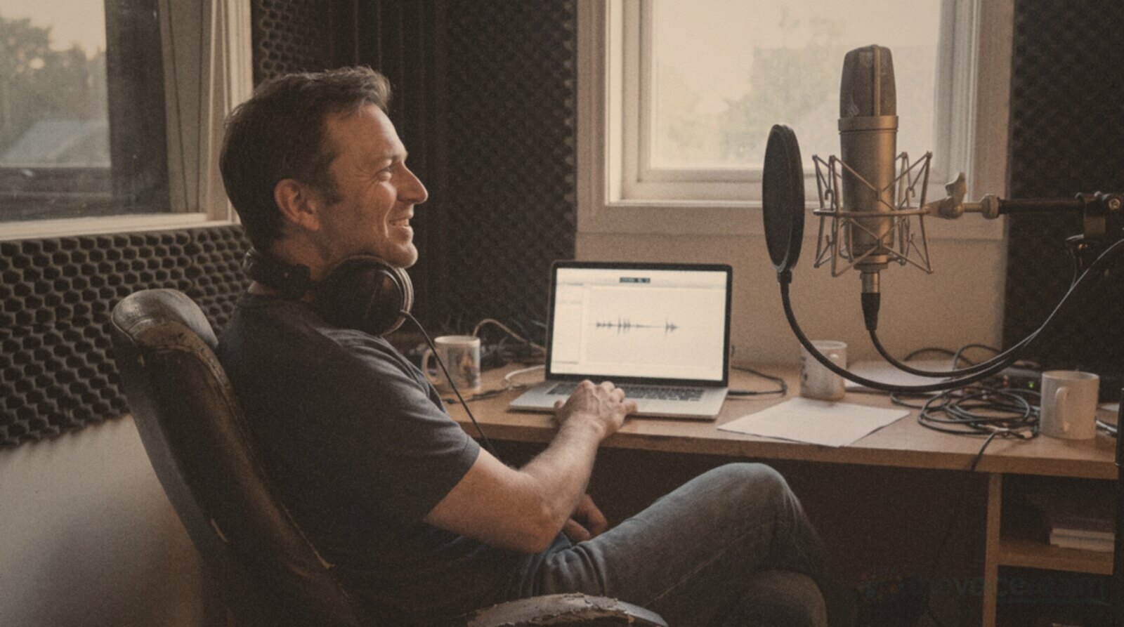 A voice actor smiling at a finished recording on his laptop in a small treated home studio at dusk © The Voice Realm