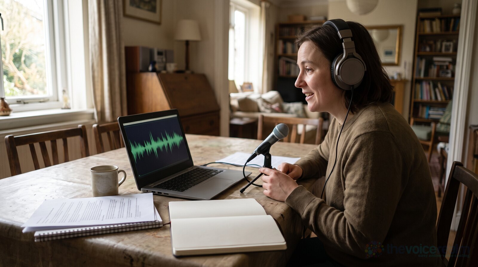 A beginner voice actor reading into a small mic at a kitchen table with a laptop © The Voice Realm