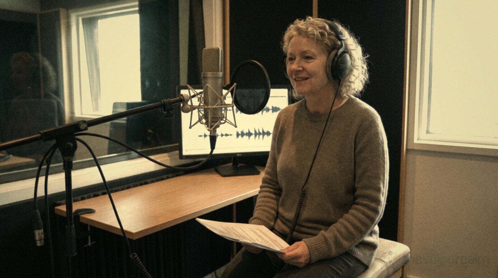 A confident veteran voice actor in a professional recording booth © The Voice Realm