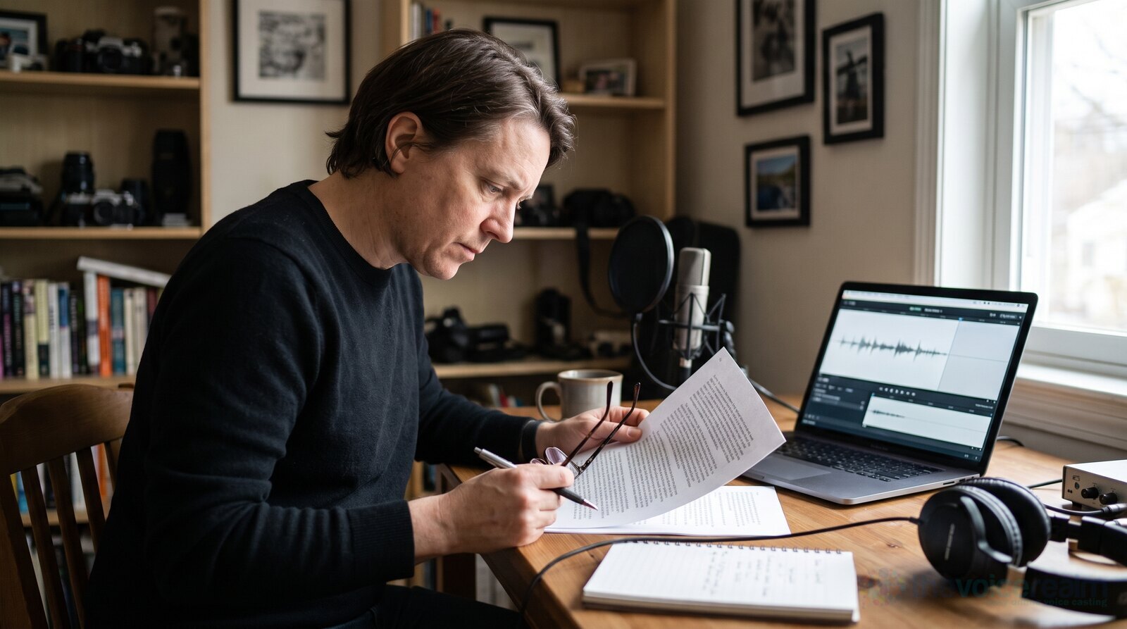 A voice actor reading the fine print of a usage licence at his desk © The Voice Realm
