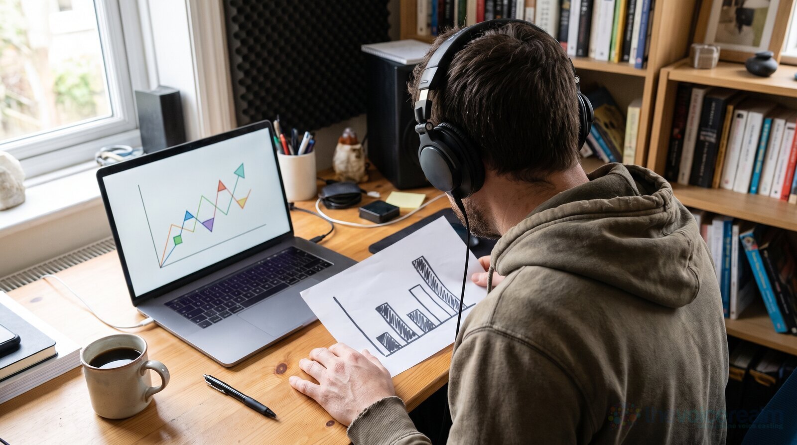 A voice actor reviewing simple charts of the year at a home desk with a coffee © The Voice Realm
