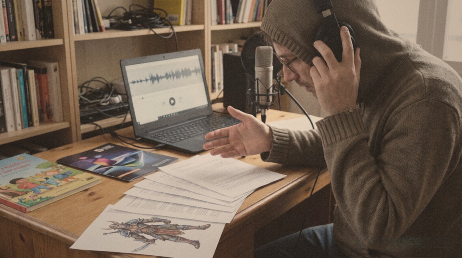 A voice actor trying character reads with animation sketches and a picture book on the desk © The Voice Realm
