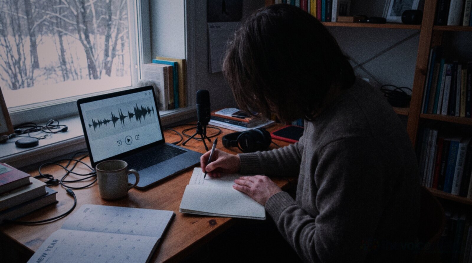 A voice actor writing notes by a snowy window at a home studio desk © The Voice Realm