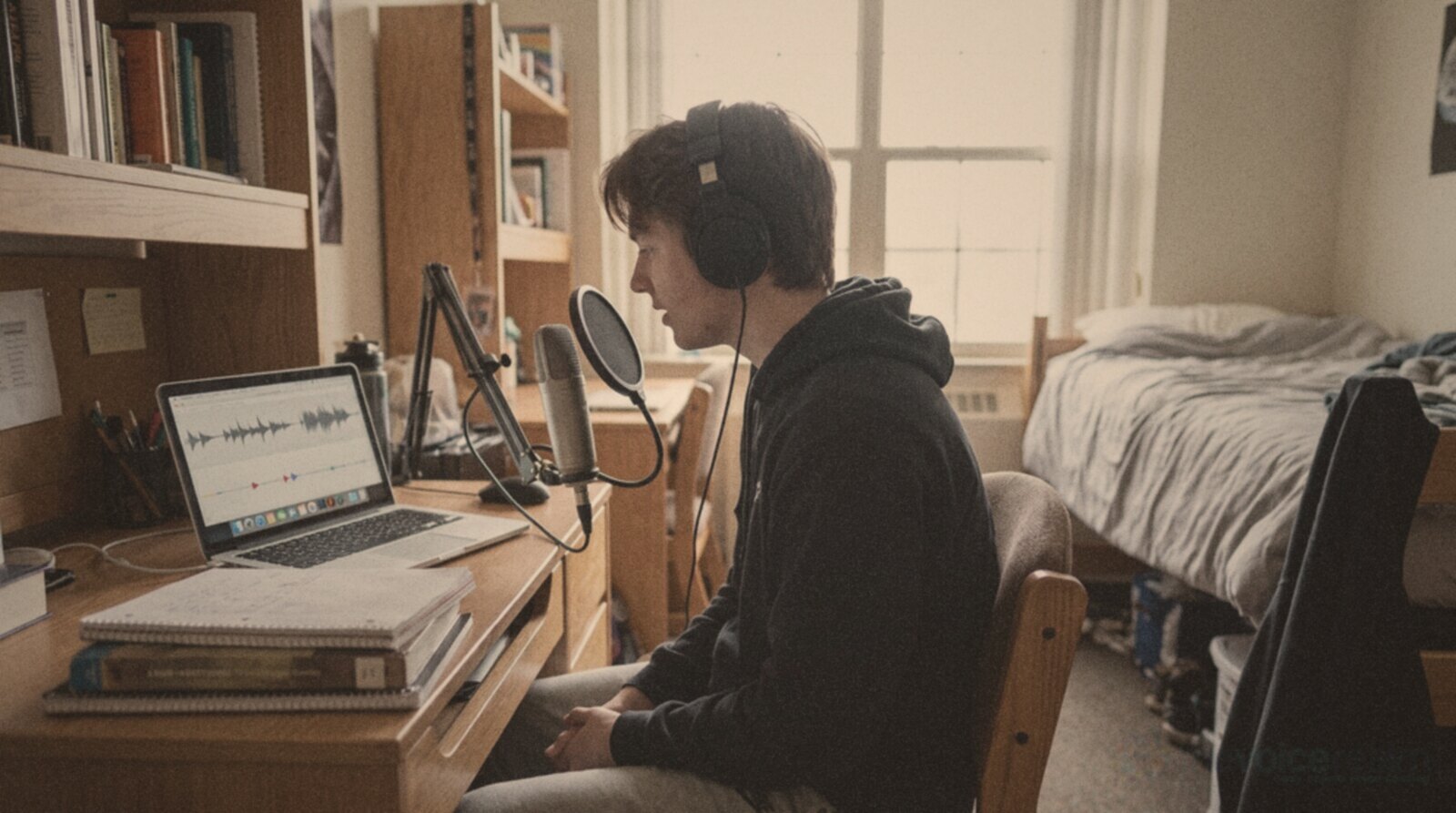 A student recording a voice over job in a small dorm room studio © The Voice Realm