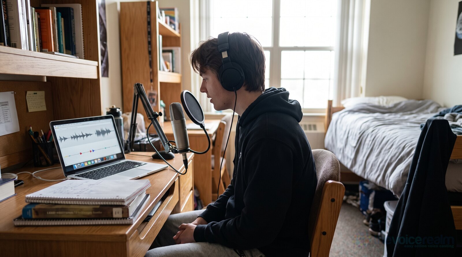 A student recording a voice over job in a small dorm room studio © The Voice Realm