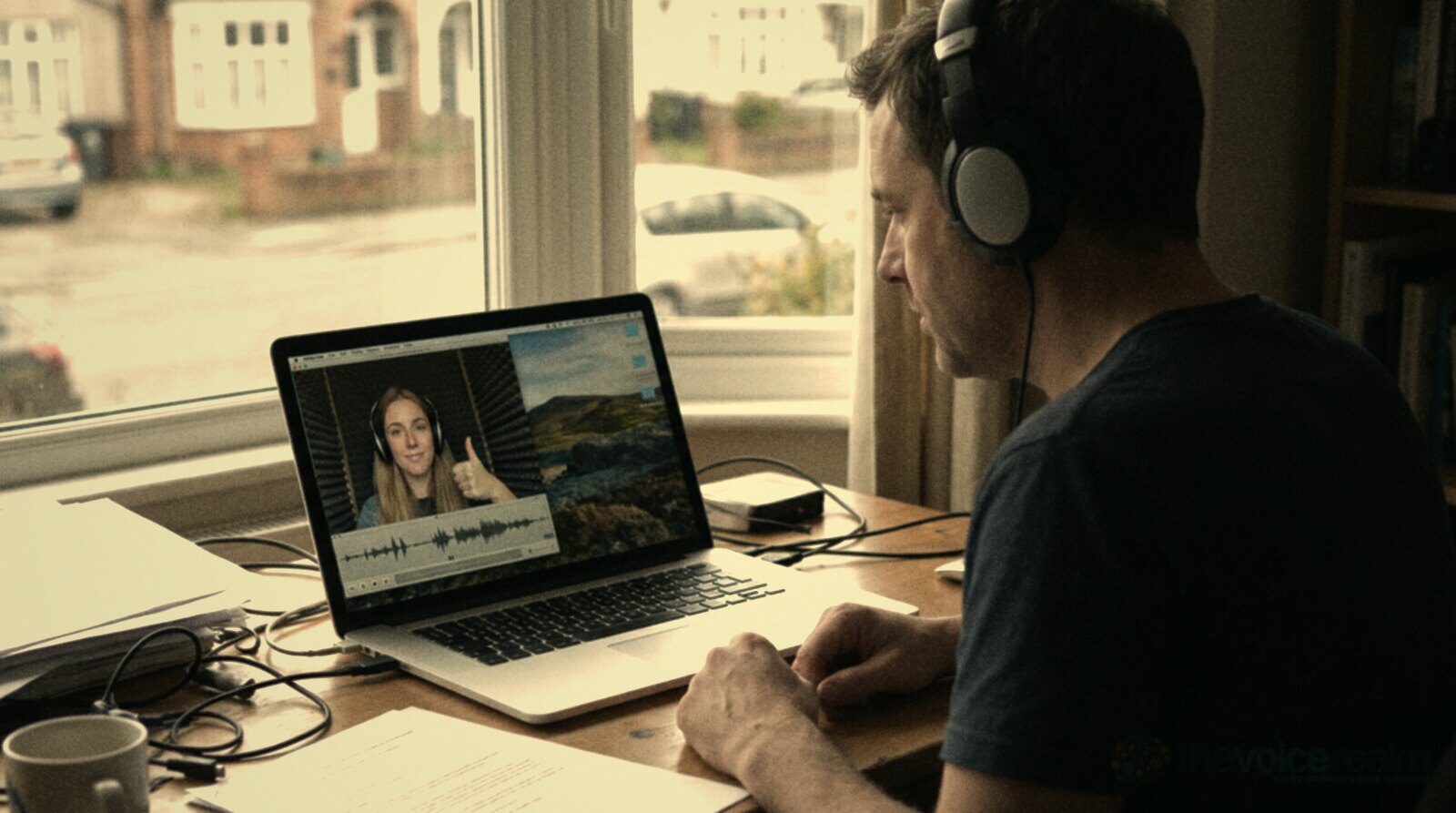 A director in headphones running a remote session with a voice actor over video call © The Voice Realm