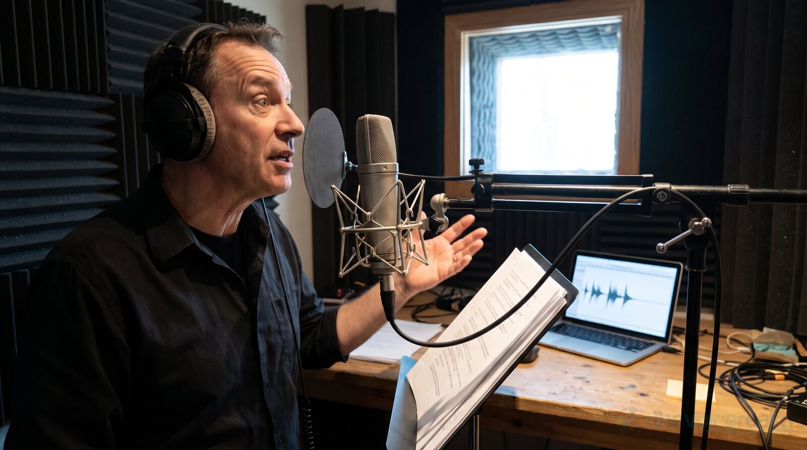 A voice actor mid-performance in a recording booth, expressive and reading from a script © The Voice Realm