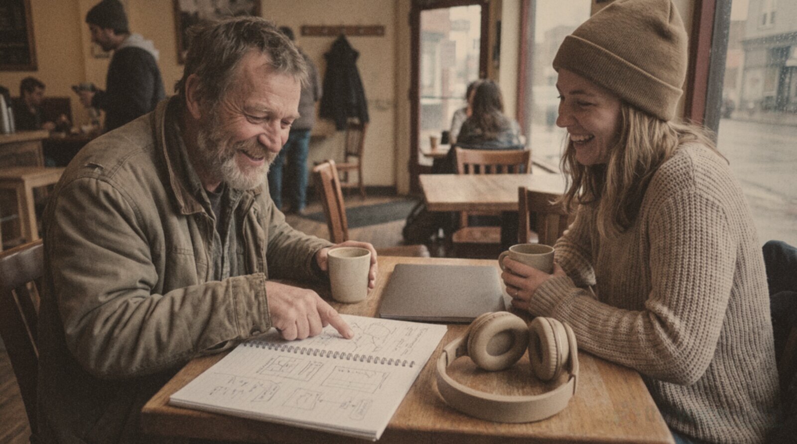 An experienced voice actor mentoring a newcomer over coffee in a cafe © The Voice Realm