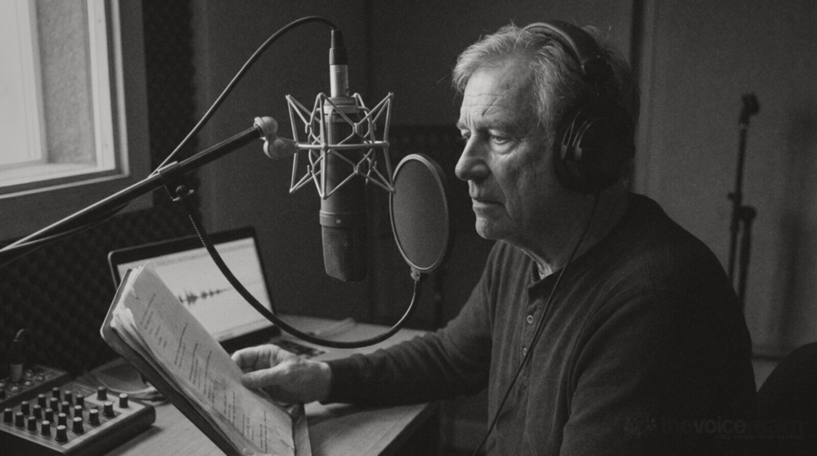 An older voice actor recording an advert in a professional booth © The Voice Realm