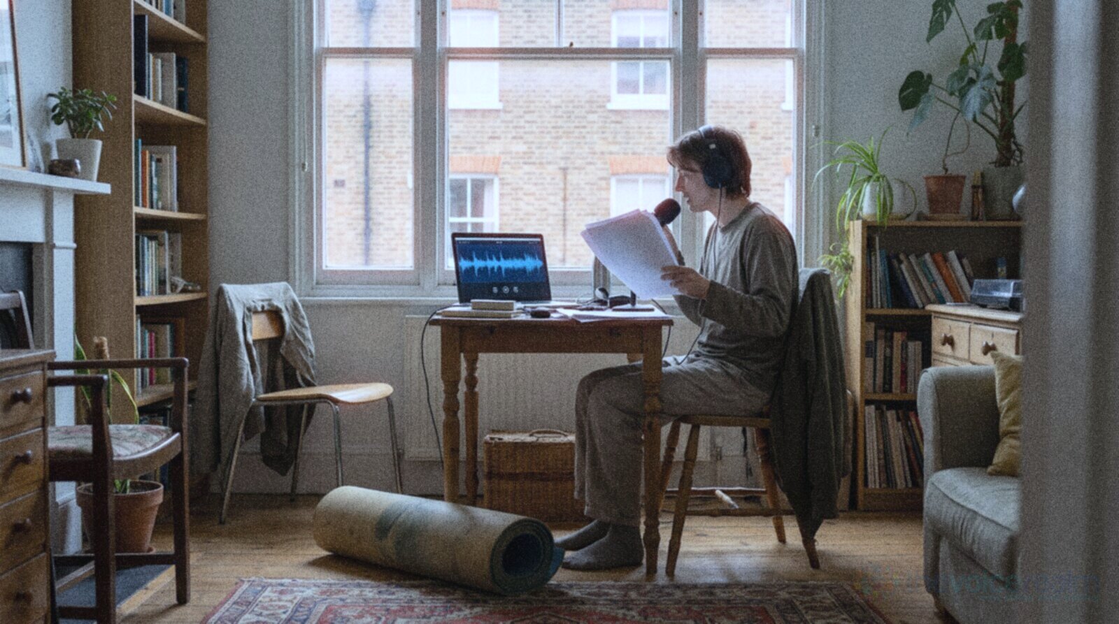 A voice actor rehearsing a script aloud with a small mic in a sunny living room © The Voice Realm