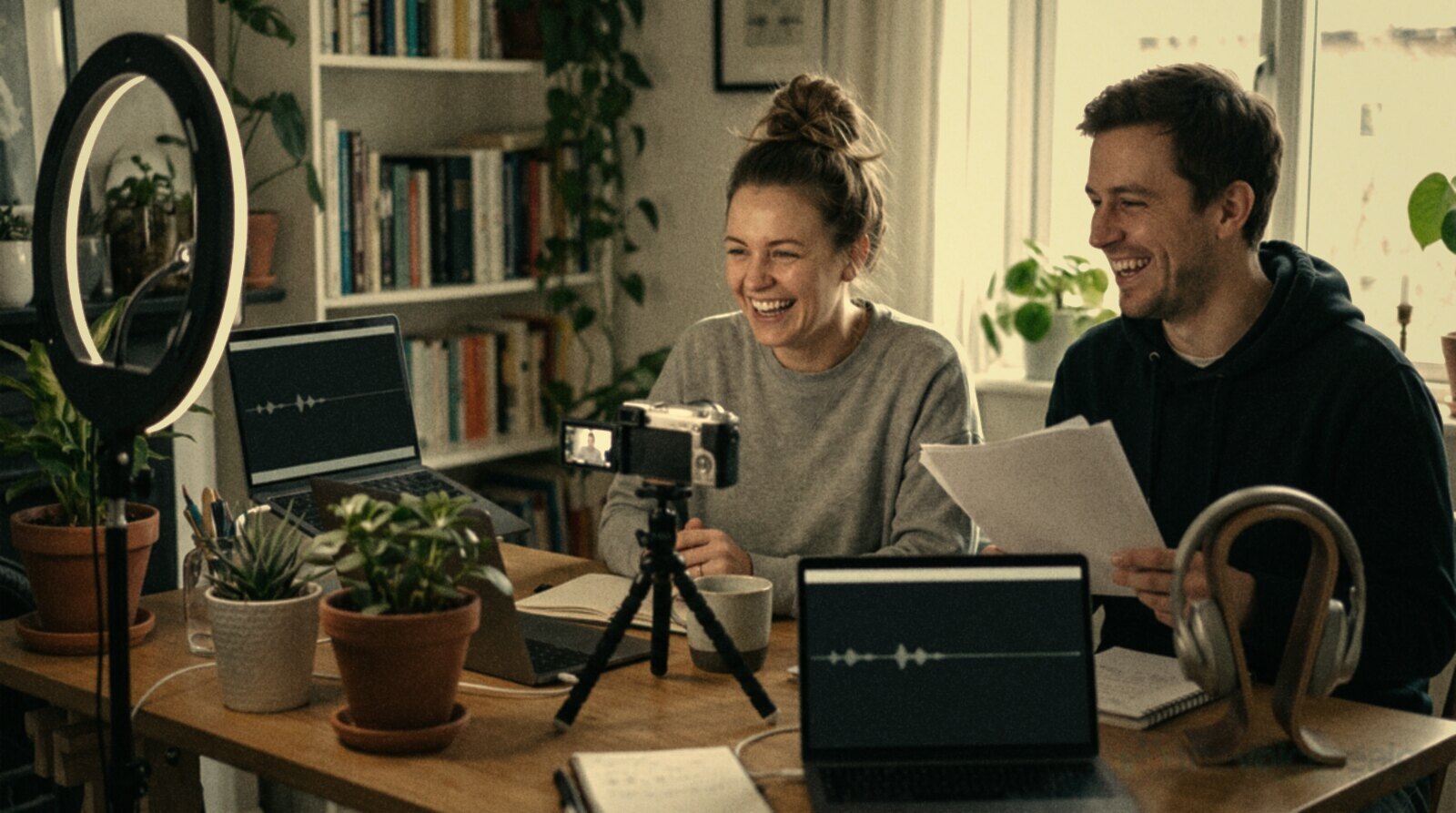 A content creator and a voice actor laughing as they film a video at her desk © The Voice Realm