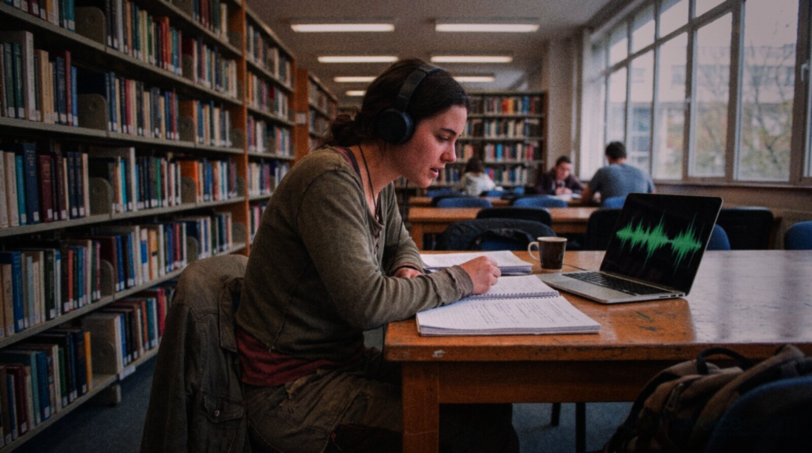 A college student reading a script aloud to herself in a university library © The Voice Realm