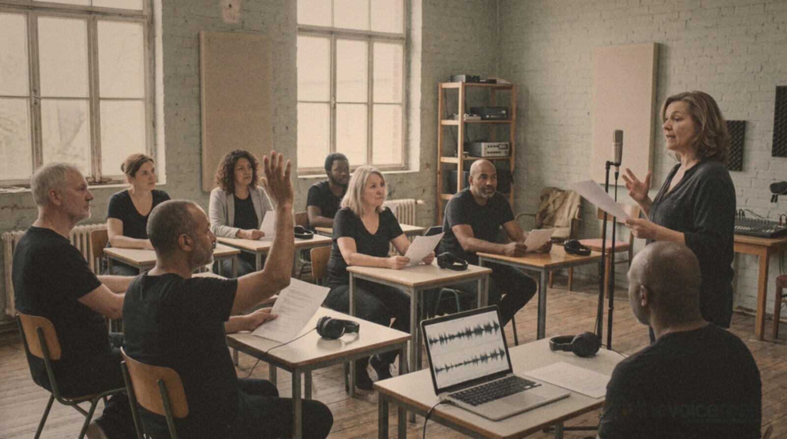 A voice acting course in progress with a coach demonstrating a read to adult students © The Voice Realm
