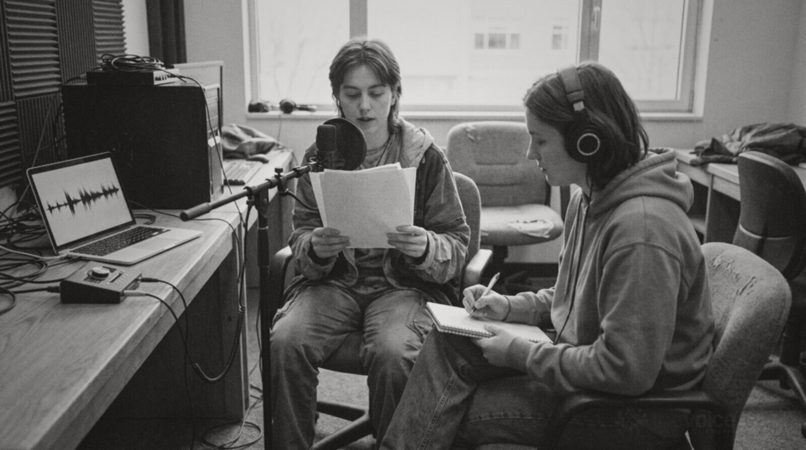 Two student voice actors rehearsing a script together in a small home studio © The Voice Realm