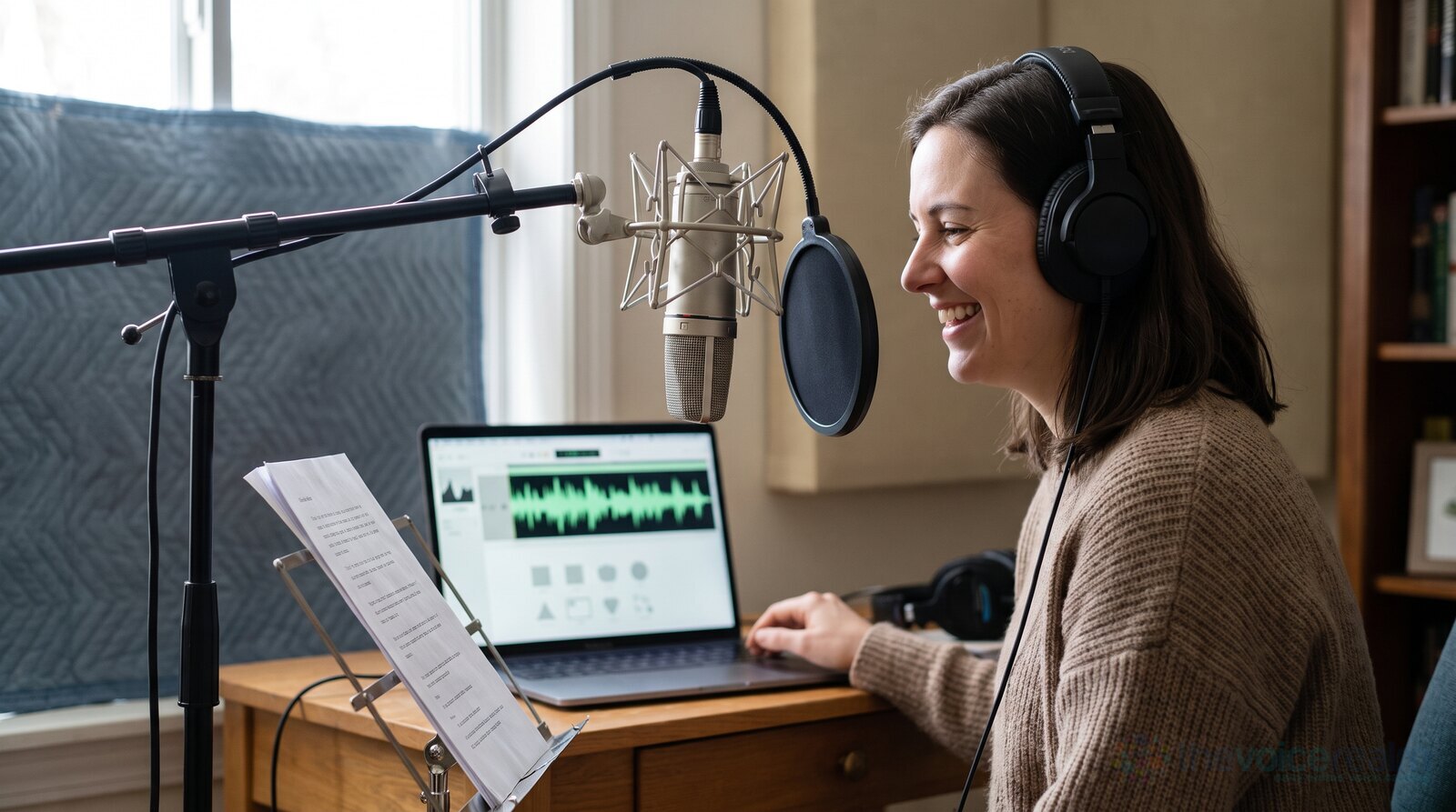 A voice actor smiling at her finished audition in her home booth © The Voice Realm