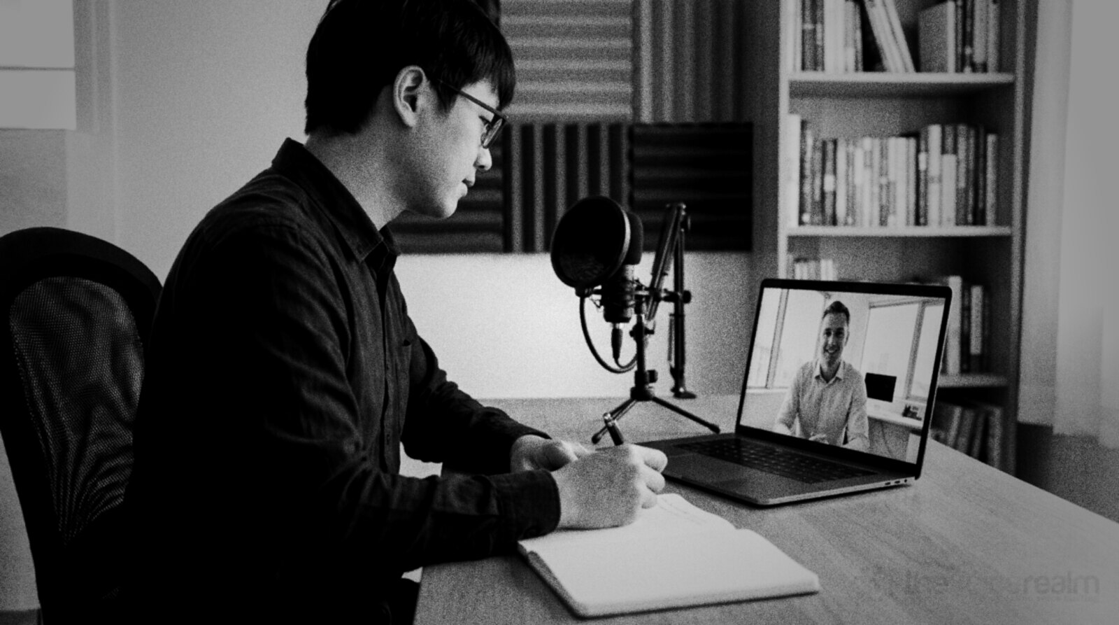 A neatly dressed voice actor taking notes on a professional video call with a client © The Voice Realm
