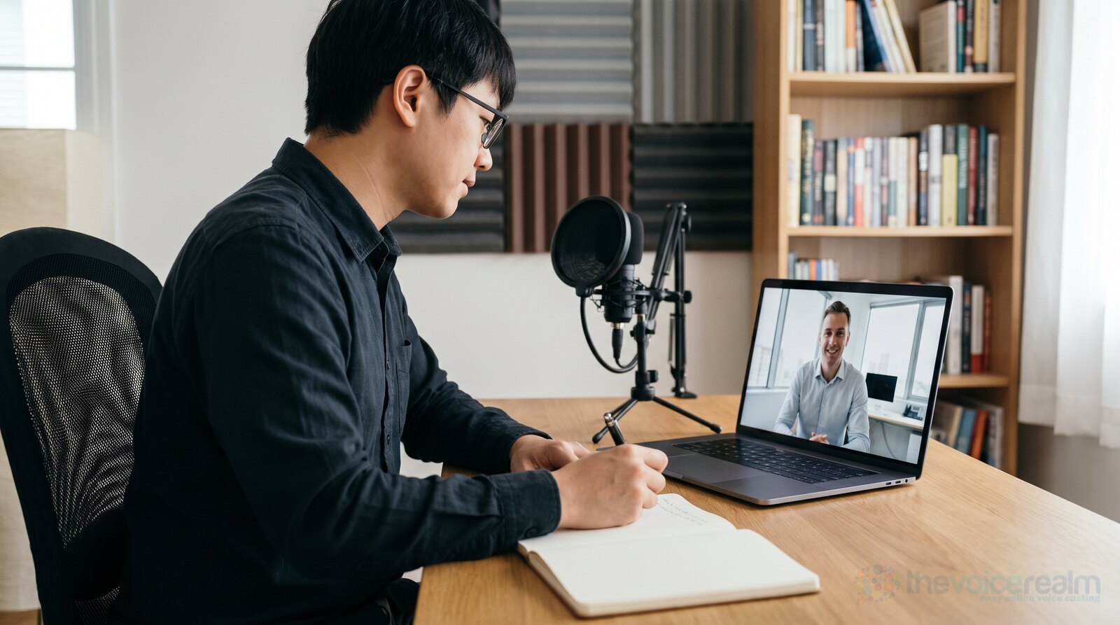 A neatly dressed voice actor taking notes on a professional video call with a client © The Voice Realm