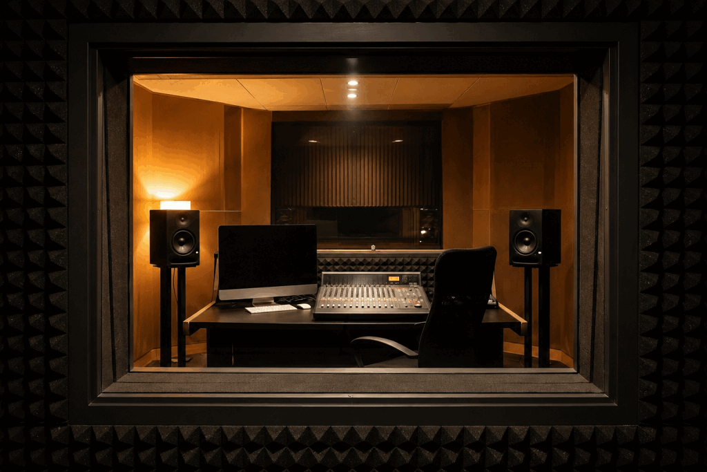 Professional voice recording studio with soundproof booth and audio production equipment.