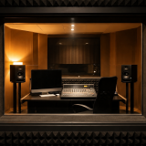 Professional voice recording studio with soundproof booth and audio production equipment.