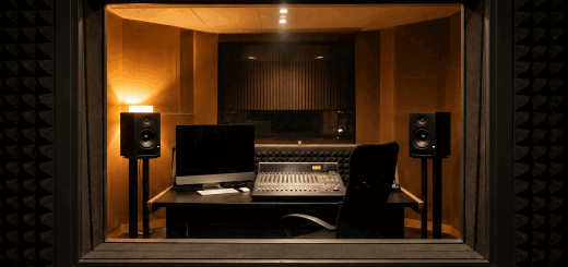 Professional voice recording studio with soundproof booth and audio production equipment.