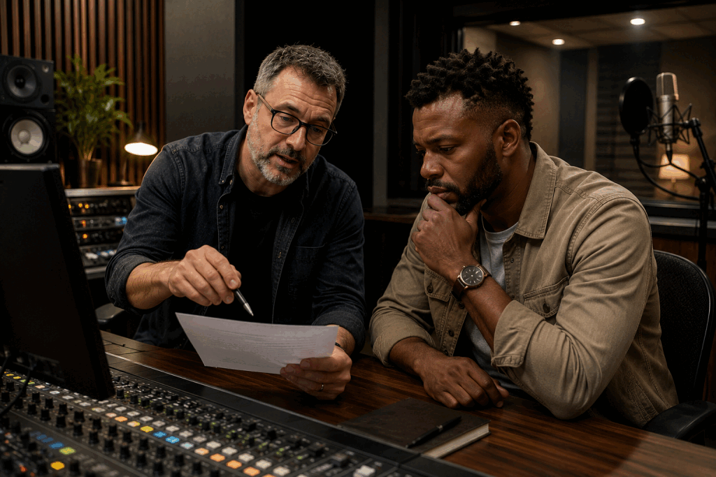 Voice actor and producer discussing a professional voice demo in a recording studio