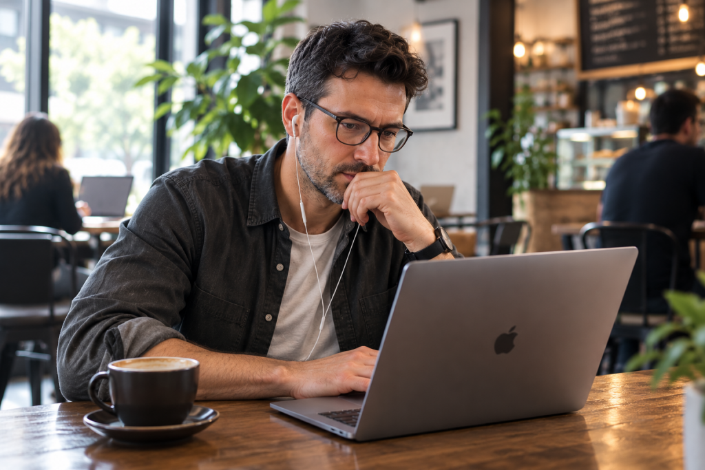 Voice actor listening to his professional demo on a laptop
