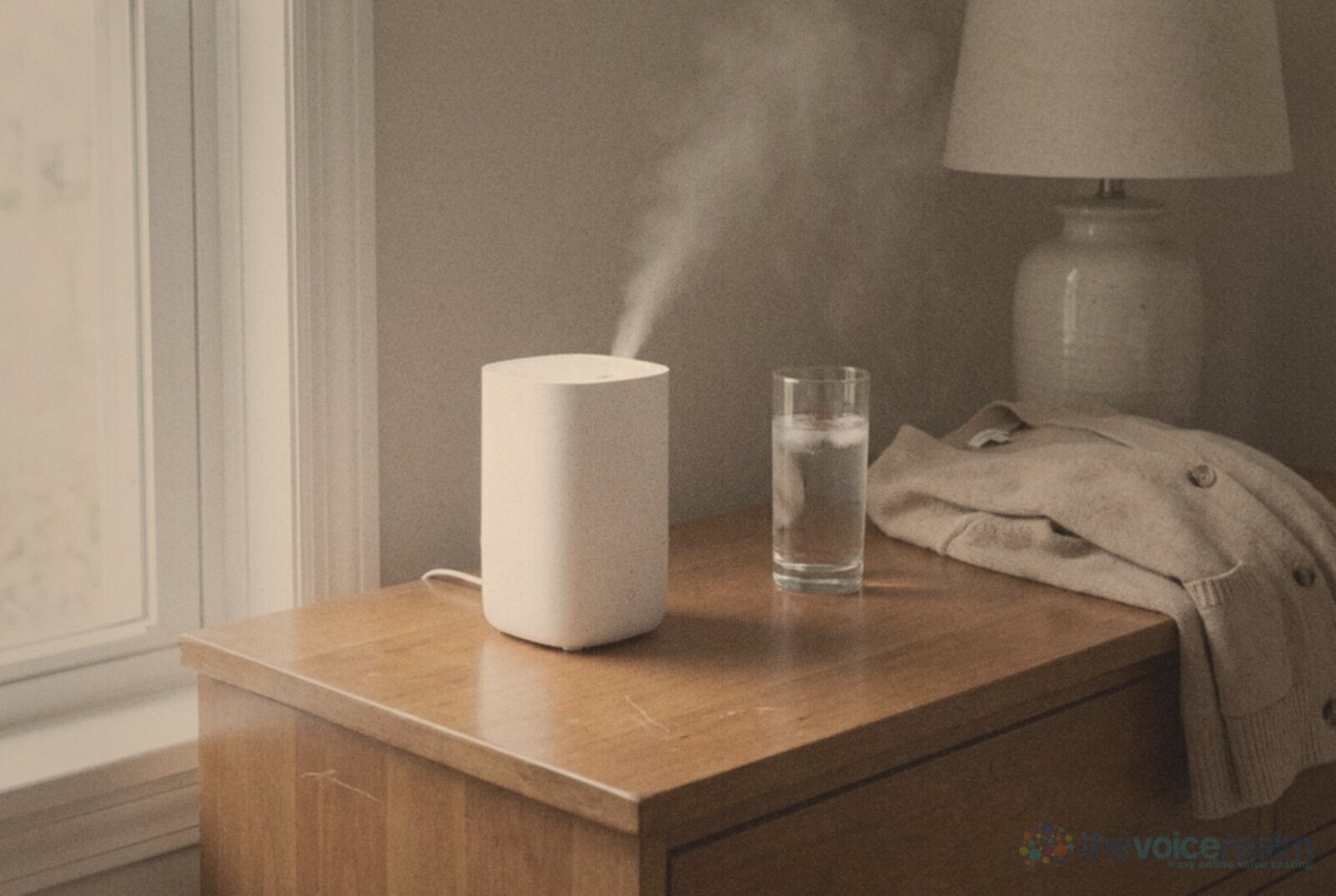 A small white humidifier sending up a plume of mist on a wooden bedroom dresser, beside a glass of water, a lamp and a folded cardigan © The Voice Realm