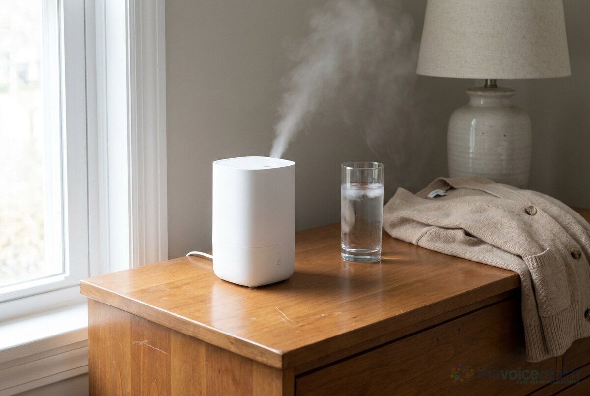 A small white humidifier sending up a plume of mist on a wooden bedroom dresser, beside a glass of water, a lamp and a folded cardigan © The Voice Realm
