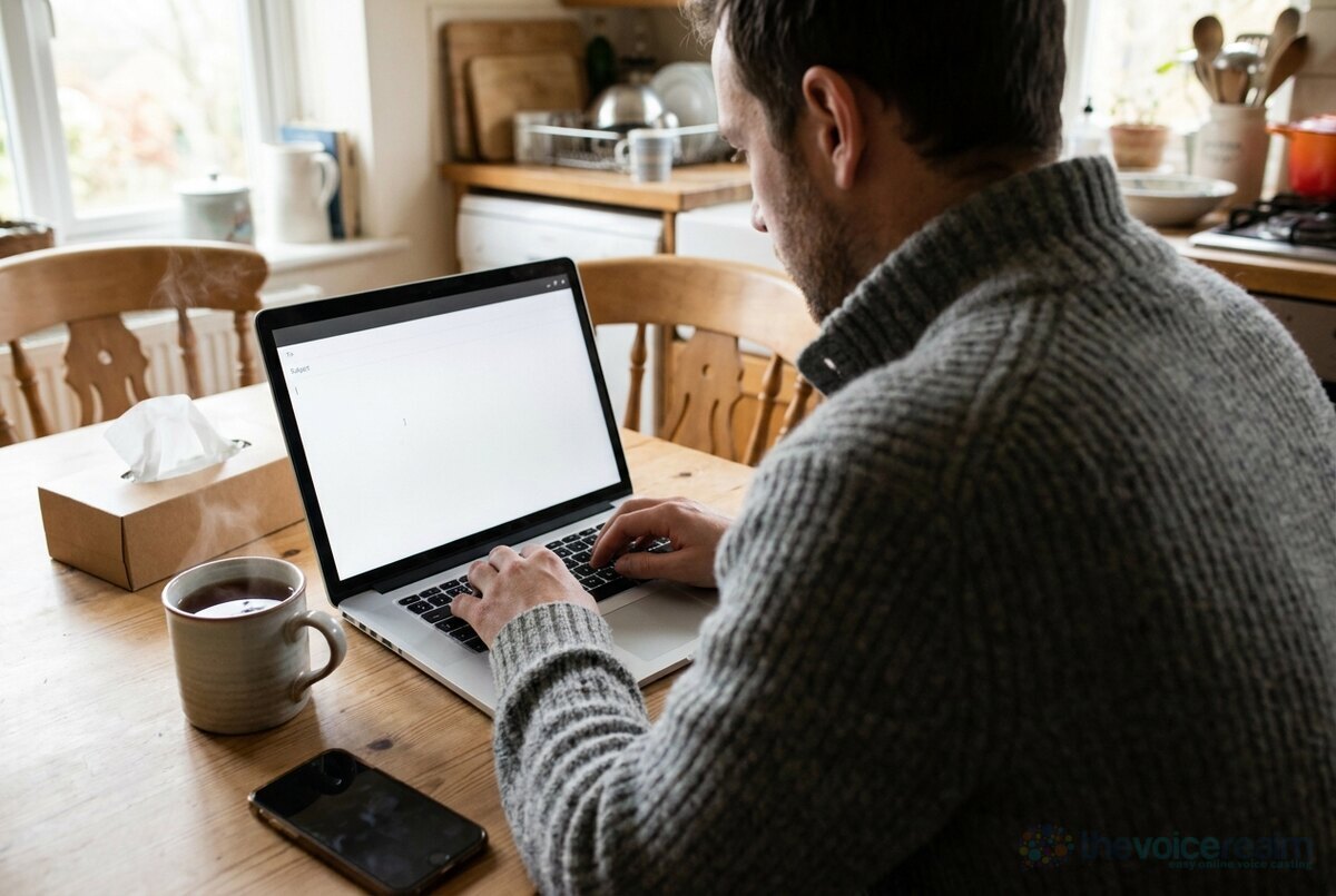 Over-the-shoulder view of a man in a wool jumper typing an email at a kitchen table, a mug of tea, a box of tissues and a phone lying face down beside the laptop © The Voice Realm