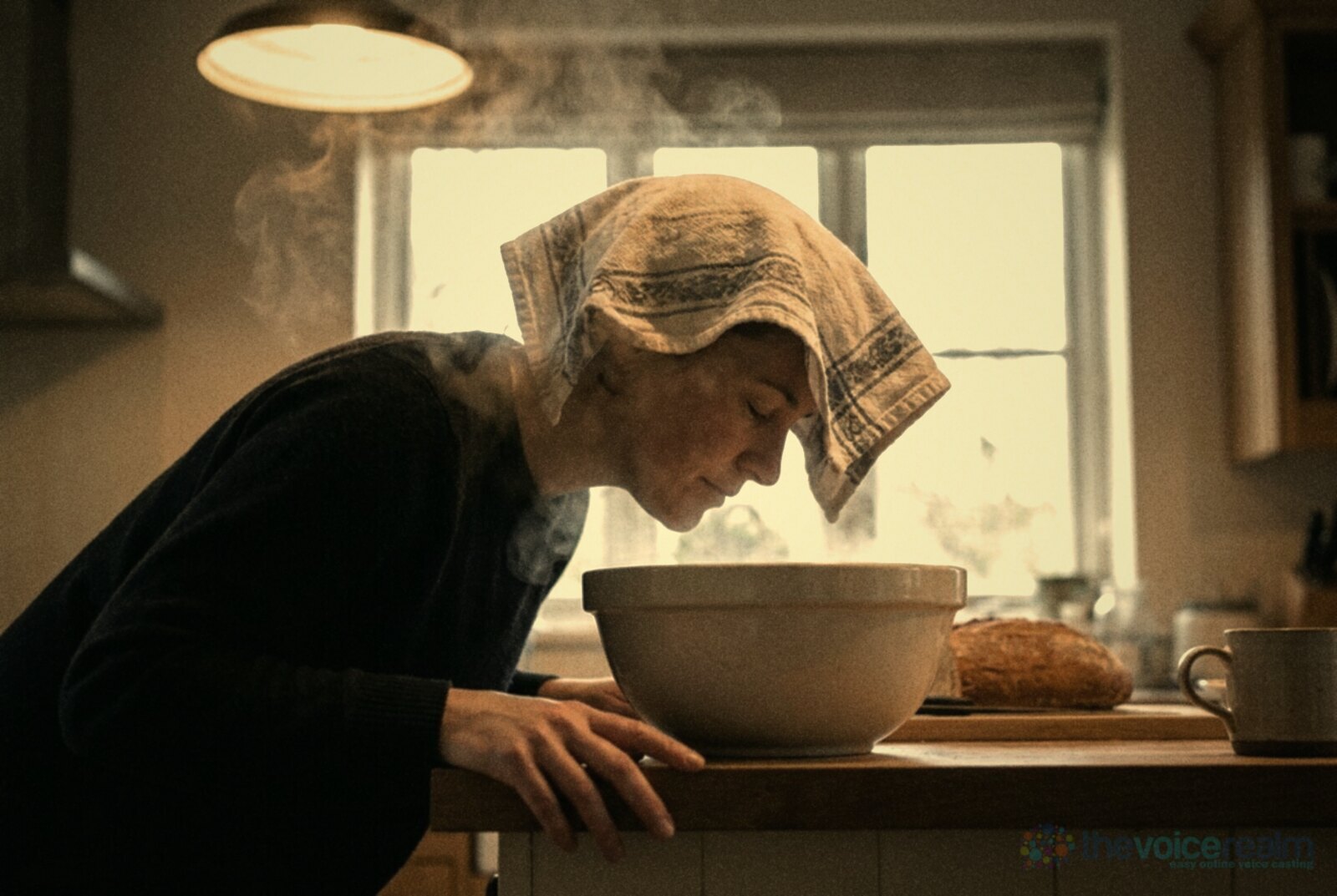 A woman leaning over a large bowl of steaming water on a kitchen counter with a tea towel over her head, eyes closed © The Voice Realm