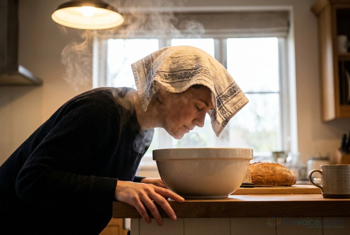 A woman leaning over a large bowl of steaming water on a kitchen counter with a tea towel over her head, eyes closed © The Voice Realm