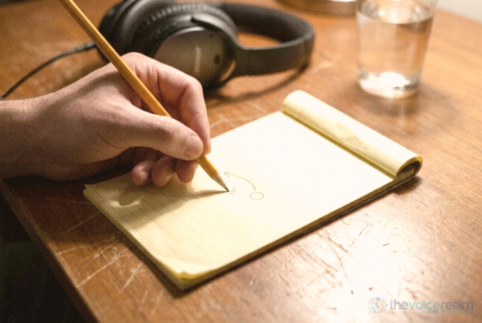 A hand drawing a small curved arrow and a circle on a yellow notepad in pencil, headphones and a glass of water behind © The Voice Realm