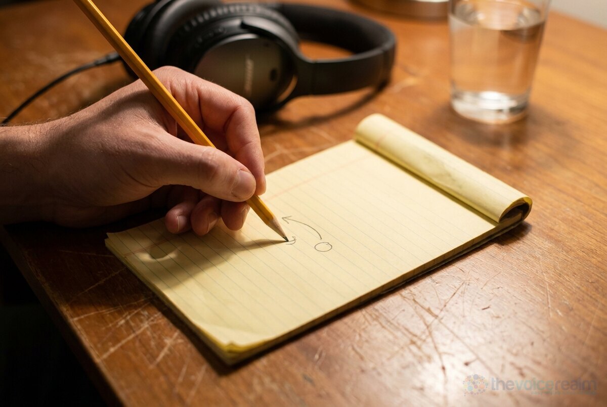 A hand drawing a small curved arrow and a circle on a yellow notepad in pencil, headphones and a glass of water behind © The Voice Realm