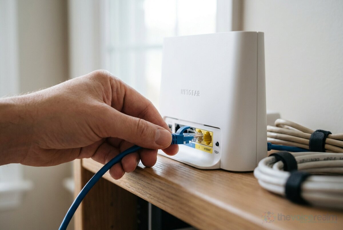 A hand pushing a blue ethernet cable into the back of a white home wifi router on a wooden shelf © The Voice Realm