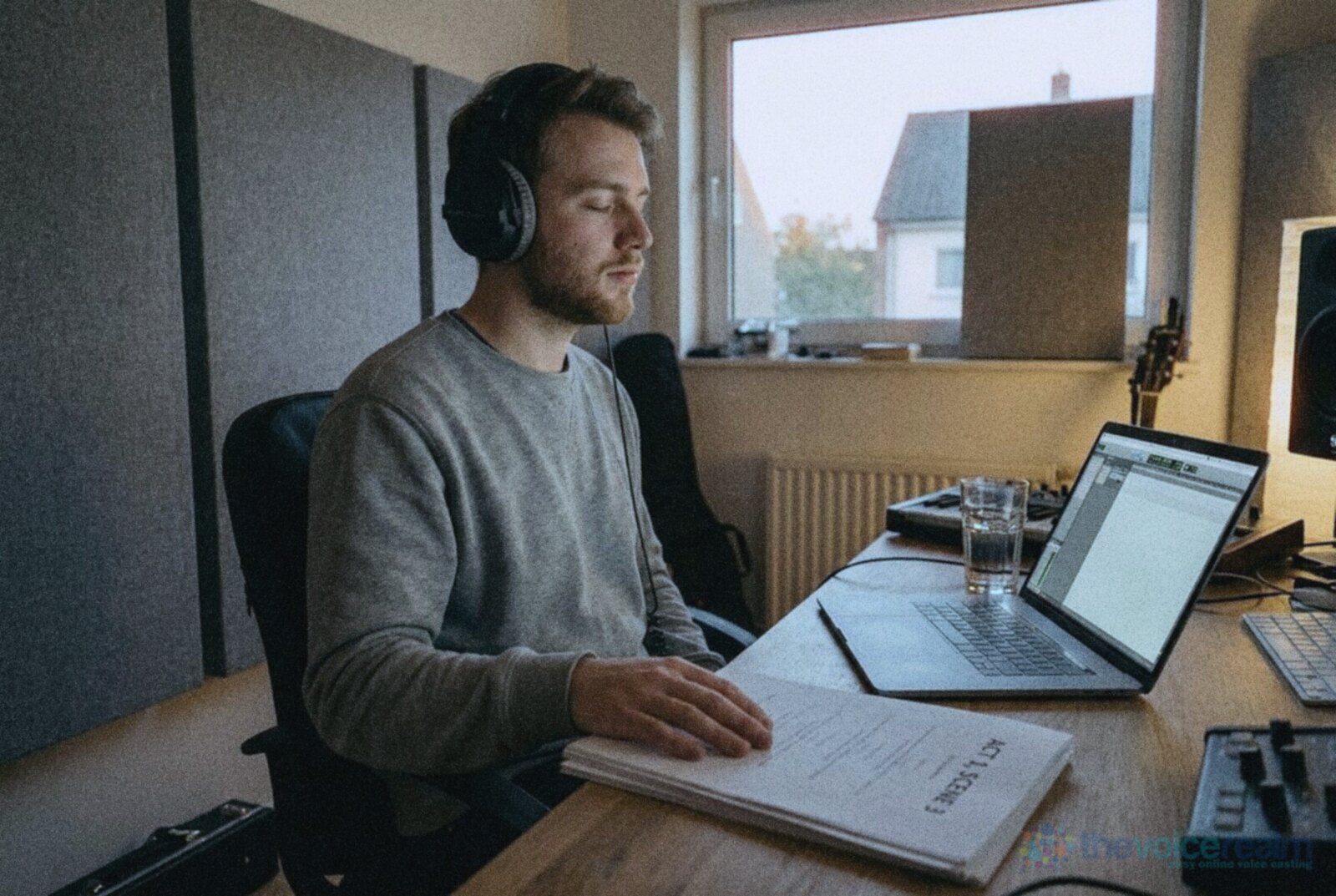 A young man in headphones sitting at a desk in a small home studio with his eyes closed and one hand on a printed script, listening, a laptop and a glass of water beside him © The Voice Realm