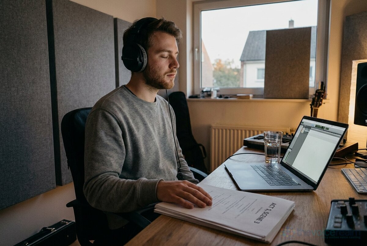 A young man in headphones sitting at a desk in a small home studio with his eyes closed and one hand on a printed script, listening, a laptop and a glass of water beside him © The Voice Realm