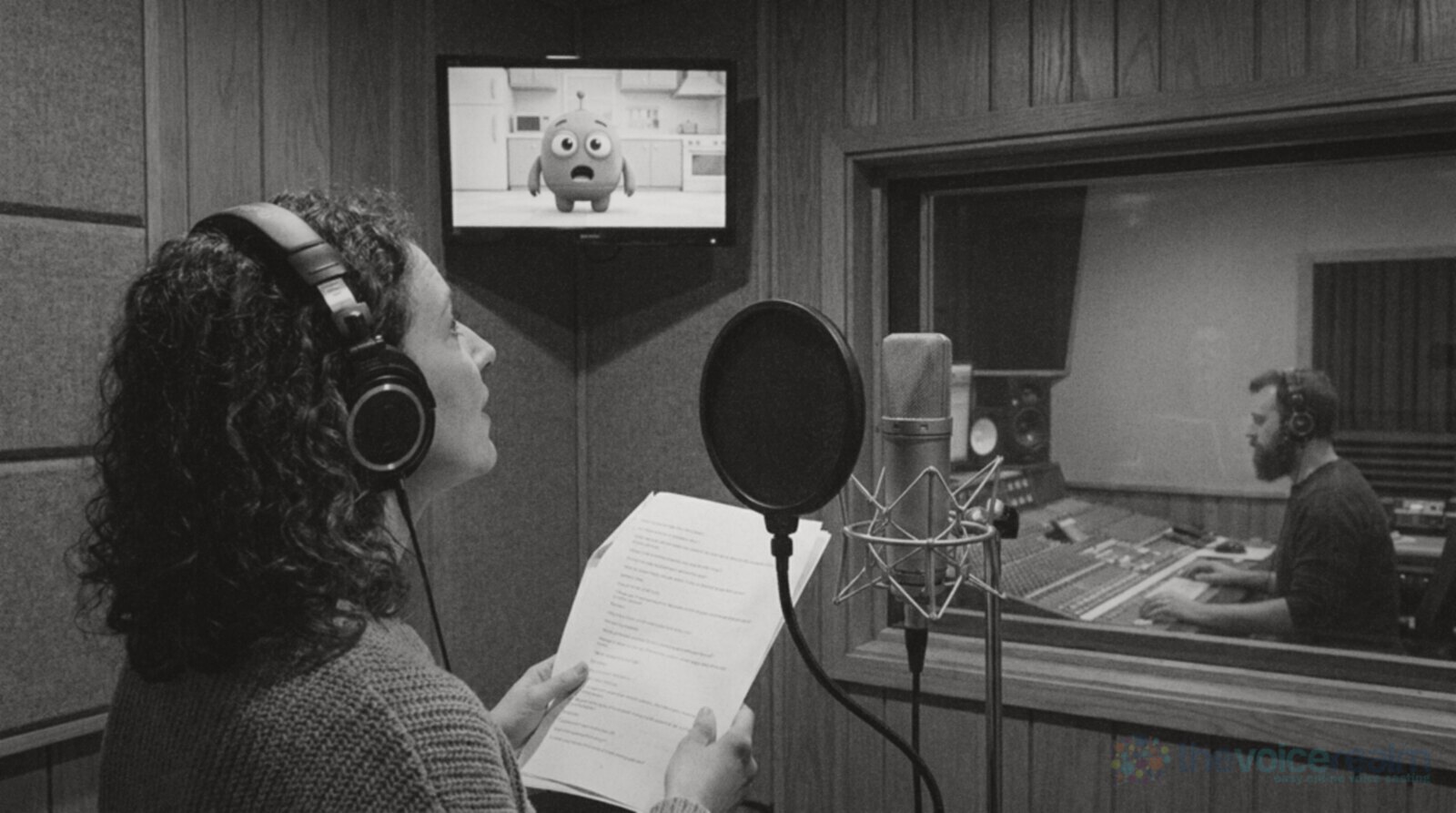 A voice actor in headphones at a studio condenser mic holding script pages, looking up at a monitor showing a small teal cartoon robot with its mouth open, a sound engineer at the mixing desk behind the glass © The Voice Realm