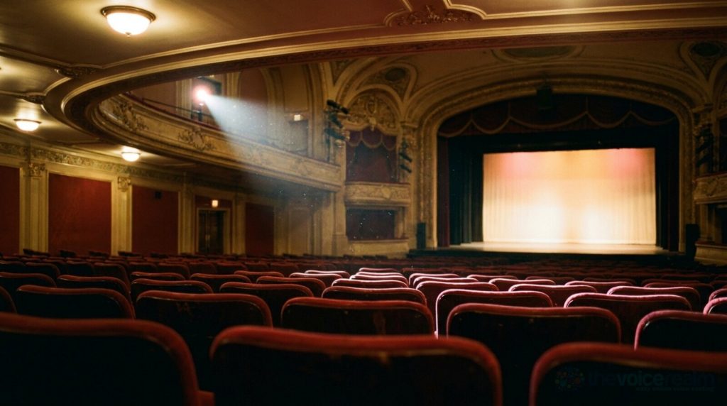An empty theatre auditorium seen from the back of the stalls, rows of red velvet seats and a softly lit empty stage in the distance © The Voice Realm